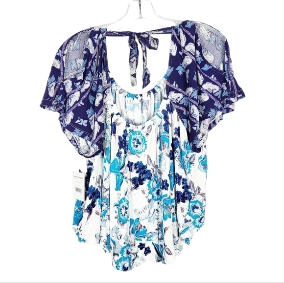 FREE PEOPLE Blue Floral Boho Baja Babe Open Tie Back Cold Shoulder NWT - Picture 2 of 6